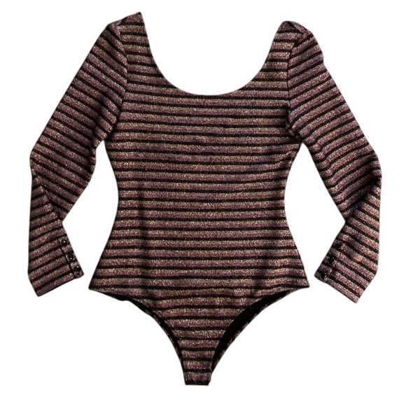 Sezane Shimmer Striped Long Sleeve Bodysuit Scoop Neck and Back - Picture 10 of 11
